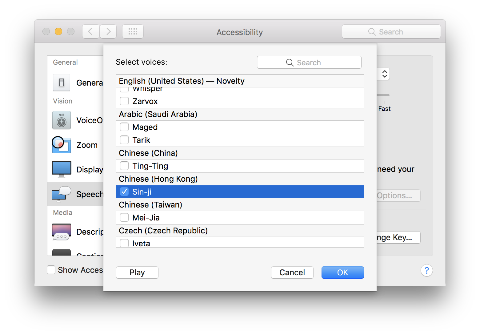 Image of a Mac enabling Cantonese (Chinese Hong Kong) Text To Speech under Accessibility